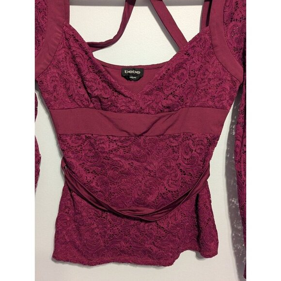 Vintage Bebe 90s Burgundy Red Lace Long Sleeve Sweetheart Top Clubwear Y2K Med - Picture 5 of 8